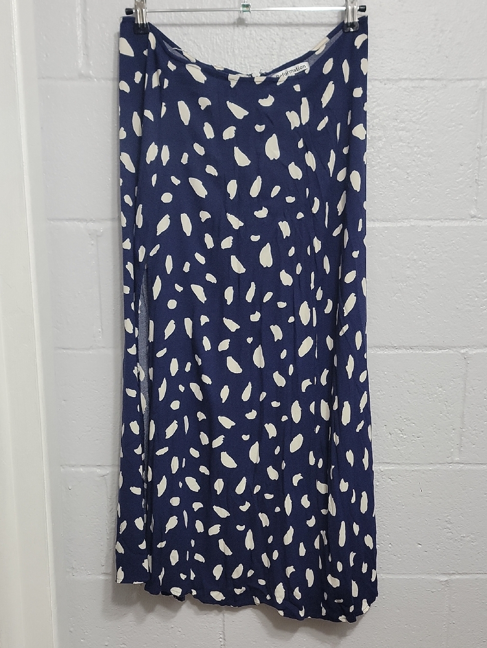 Reformation High Slit Navy Midi Skirt with Cream Spot Print